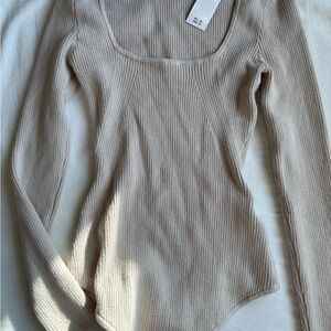 Abercrombie & Fitch Ribbed Beige Long Sleeve Top